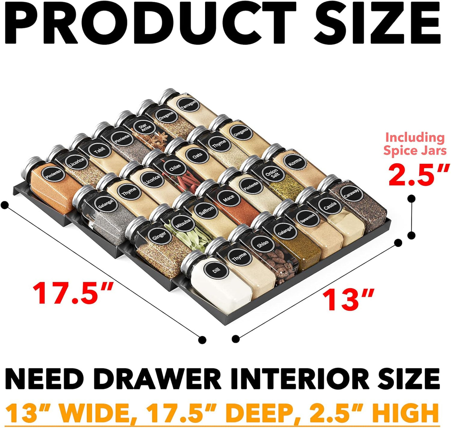 Spice Drawer Organizer with 28 Spice Jars, 386 Spice Labels, 4 Tier Seasoning Rack Tray Insert for Kitchen Drawers, 13" Wide X 17.5" Deep