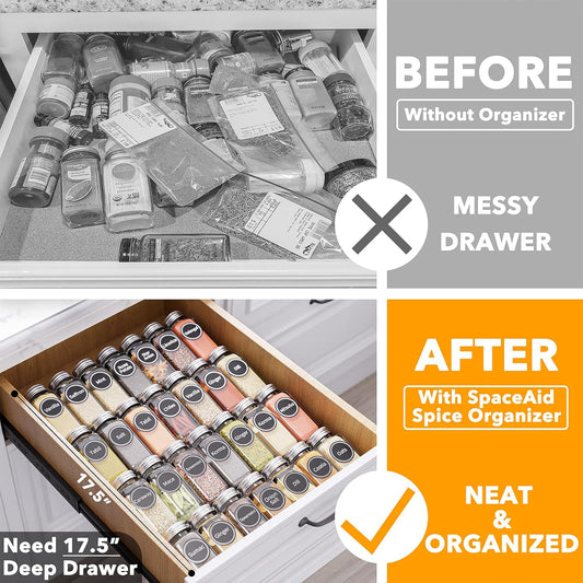 Spice Drawer Organizer with 28 Spice Jars, 386 Spice Labels, 4 Tier Seasoning Rack Tray Insert for Kitchen Drawers, 13" Wide X 17.5" Deep