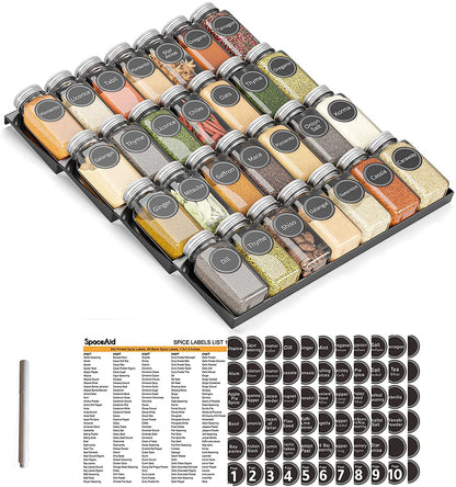 Spice Drawer Organizer with 28 Spice Jars, 386 Spice Labels, 4 Tier Seasoning Rack Tray Insert for Kitchen Drawers, 13" Wide X 17.5" Deep